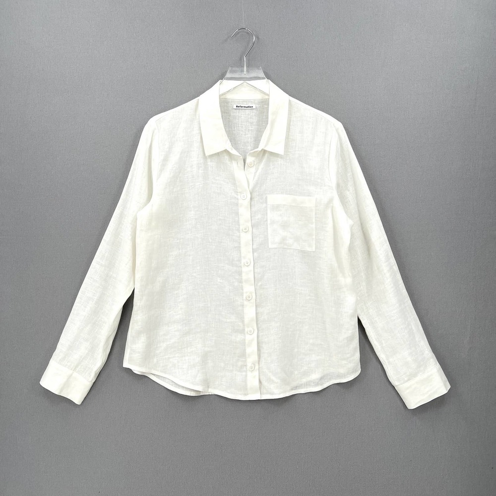 REFORMATION Sky Top Relaxed Linen Shirt Womens Large White Long Sleeve Button Up - Picture 4 of 14